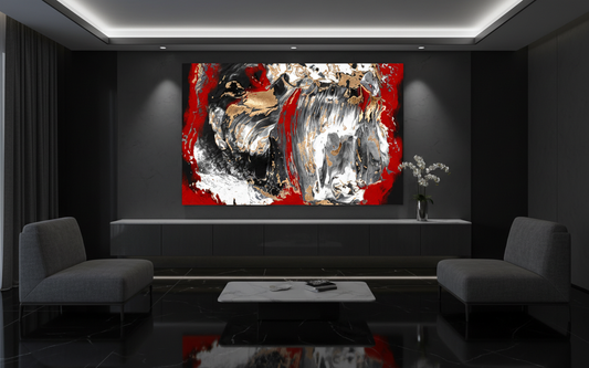 A modern living room with a painting. A red, white, and gold leaf impasto paint, Dramatic Crimson Gold Abstract Art Print