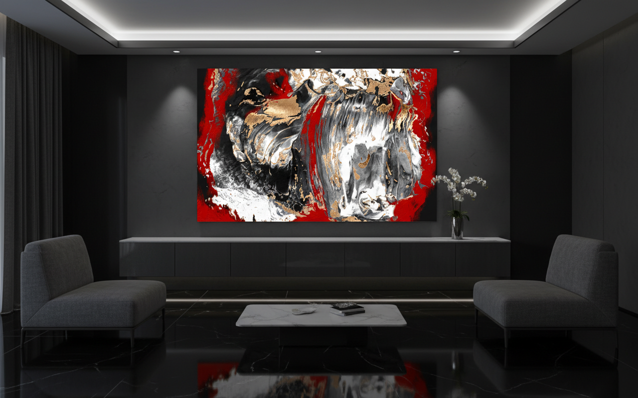 A modern living room with a painting. A red, white, and gold leaf impasto paint, Dramatic Crimson Gold Abstract Art Print