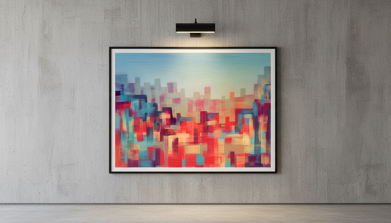 A large, horizontal abstract painting titled "Spectral Skyline" featuring pixelated, block-like brushstrokes in vibrant crimson, teal, and coral. The artwork is displayed in a sleek black frame on a minimalist gray concrete wall, illuminated by a dedicated gallery picture light.