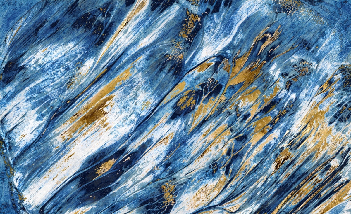 "Golden Tides abstract fluid art print featuring dynamic swirls of deep blue, sky blue, white and metallic gold - digital download wall decor"