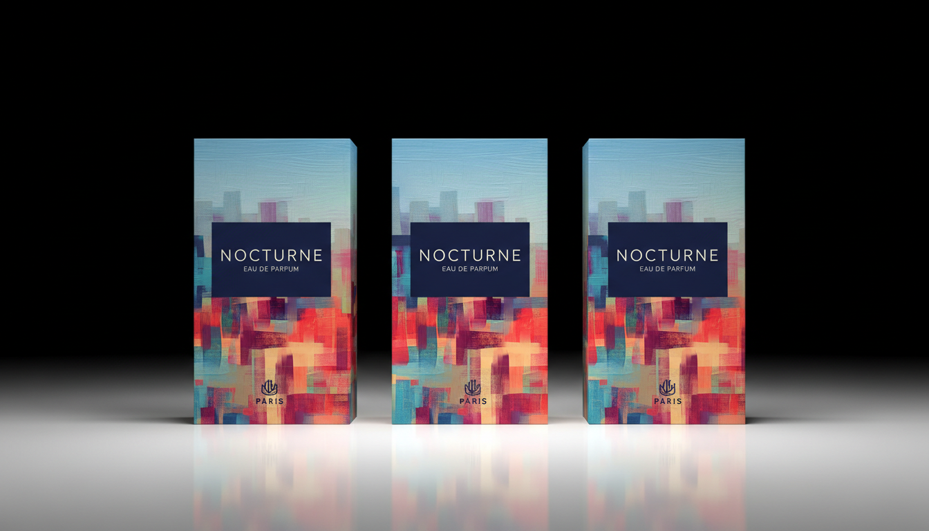Three identical eau de parfum boxes stood in a row against a black background. Each box showcases the abstract skyline artwork with a dark navy central label reading "NOCTURNE" and a gold logo at the base, demonstrating a cohesive brand identity.