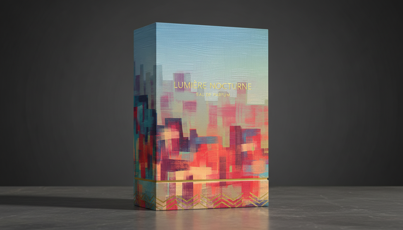 A vertical perfume box mockup featuring a wrap-around abstract art print of a colorful urban skyline. Gold embossed text on the front reads "LUMIÈRE NOCTURNE EAU DE PARFUM," perfectly complementing the metallic gold accents within the painting's texture.