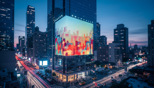 A large-scale digital billboard wrap on the corner of a modern glass skyscraper in a bustling city at twilight. The "Spectral Skyline" artwork is brightly illuminated, mirrored by the real city lights and traffic trails on the streets below.