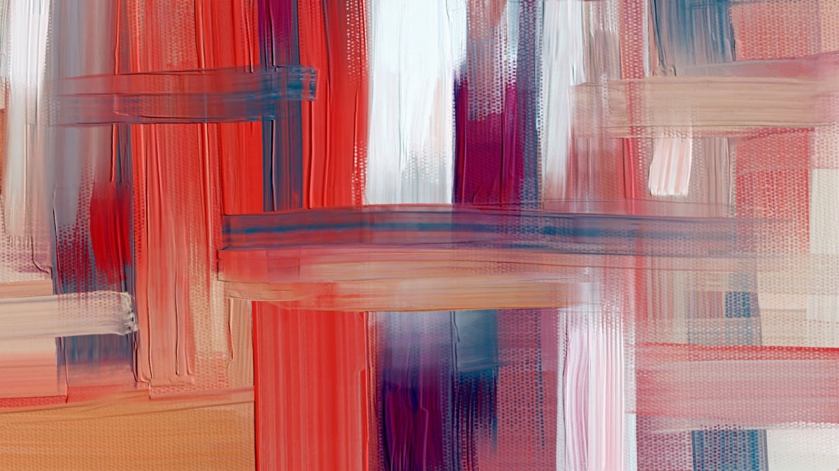 A dynamic interplay of warm reds and cool blues, accented by crisp whites and soft beiges, creating a balanced yet energetic palette