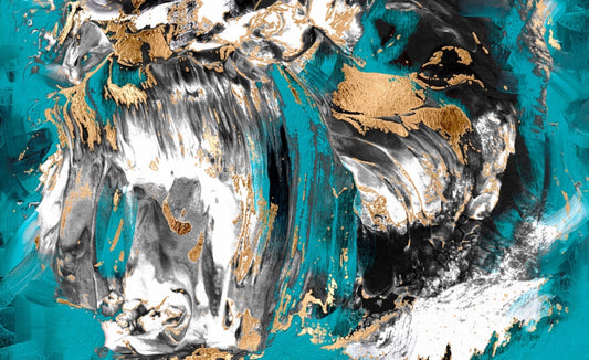 A dynamic interplay of deep teal, stark black, pristine white, and shimmering gold, creating a luxurious and energetic contrast