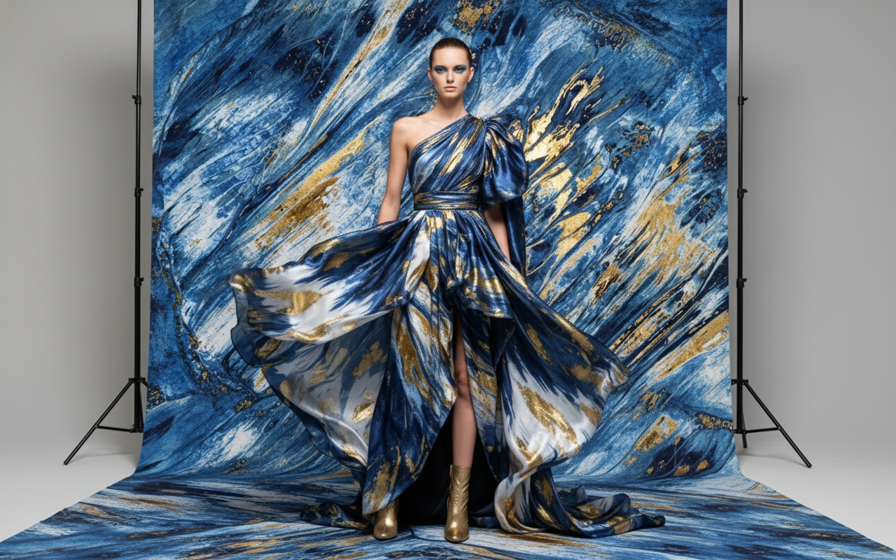 A model wearing an asymmetrical one-shoulder gown with a high slit and metallic gold boots. The dress is styled with a swirling blue and gold pattern, set against a studio backdrop with an identical artistic print and photography lighting equipment visible.
