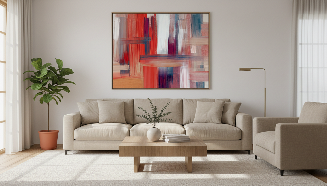 Modern living room interior with large framed abstract art on white wall, beige
furniture, soft morning light