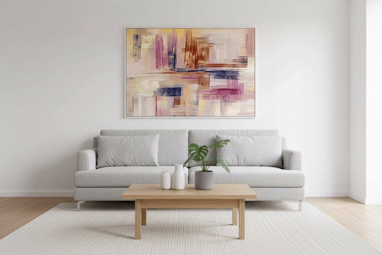 modern living room interior with large framed abstract art on white wall