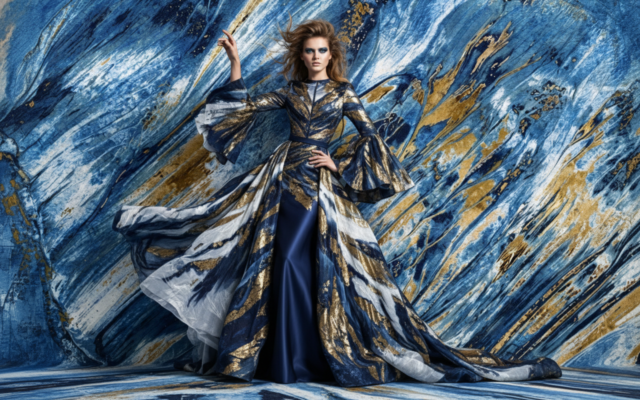 A model posing in a dramatic floor-length gown with bell sleeves and an expansive train. The fabric features an abstract blue, gold, and white marble print that blends seamlessly into the matching textured backdrop