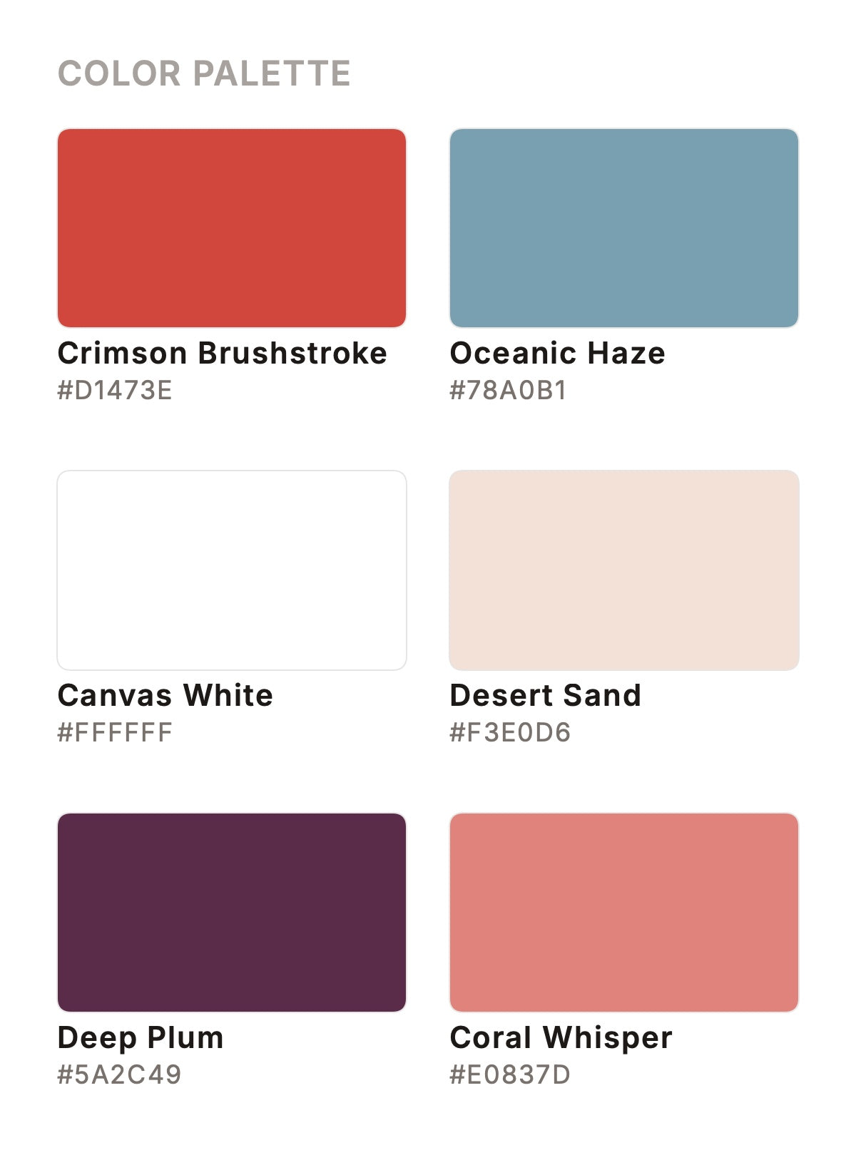 Colors: Crimson Brushstroke (#D1473E), Oceanic Haze (#78A0B1), Desert Sand (#F3E0D6), Deep Plum (#5A2C49), Coral Whisper (#E0837D)