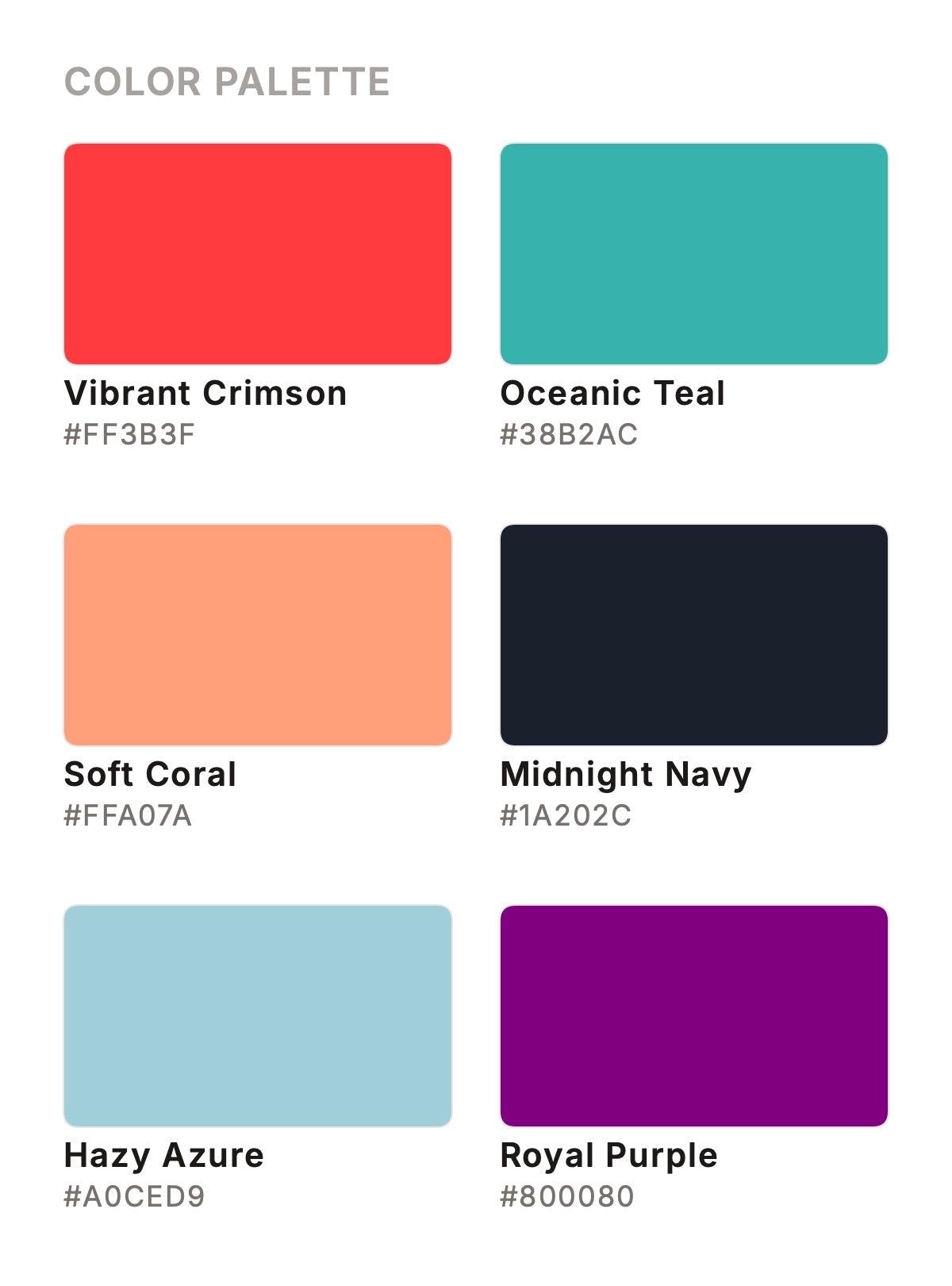 A professional color palette guide derived from the artwork, showcasing six swatches: Vibrant Crimson (#FF3B3F), Oceanic Teal (#38B2AC), Soft Coral (#FFA07A), Midnight Navy (#1A202C), Hazy Azure (#A0CED9), and Royal Purple (#800080)