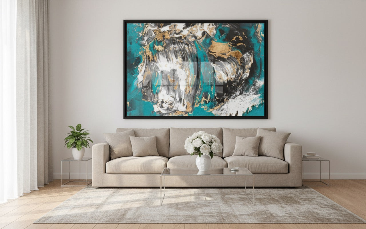 modern living room interior with large framed abstract art on white wall, beige furniture, soft morning light